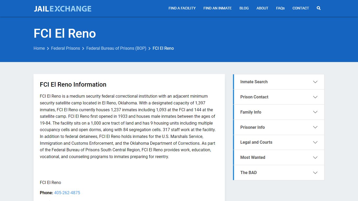 Federal Inmate Search - FCI El Reno - Jail Exchange